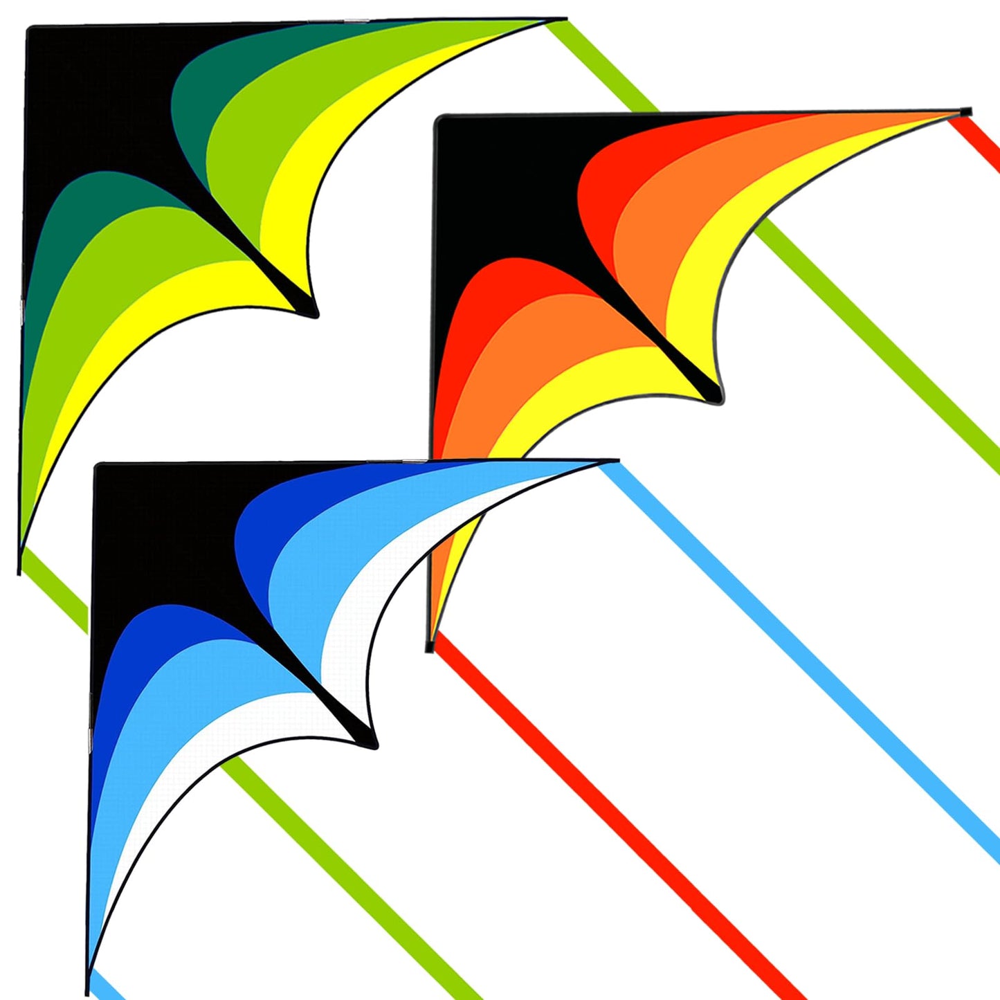 Mint's Colorful Life 3 Pack Delta Kites for Kids & Adults, Easy to Fly Large Kite Set for Beginners, Perfect Family Kites for Park and Beach Trip with 300ft String Included (Green&Blue&Yellow)