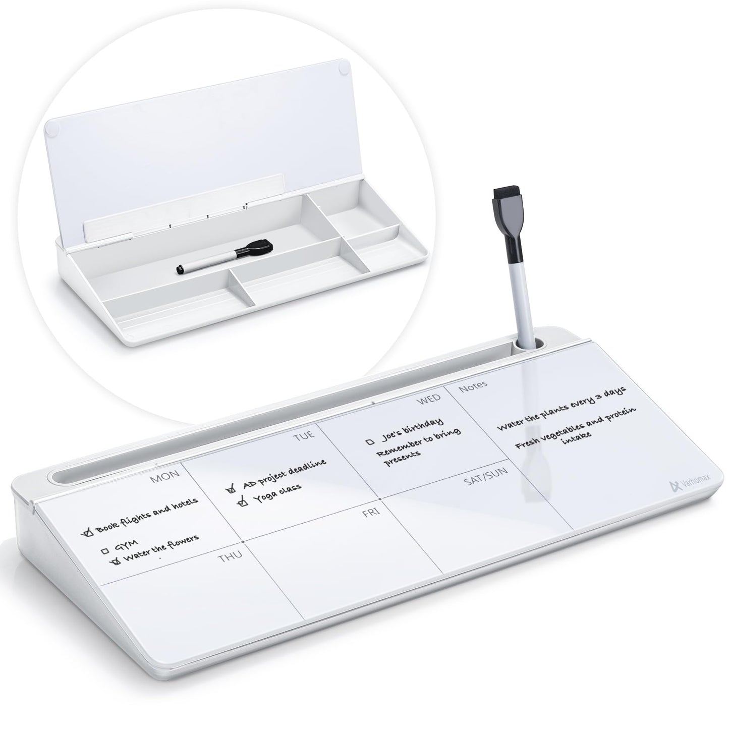 Varhomax Glass Weekly Dry Erase Desk White Board, Desktop to Do List Planner Whiteboard Calendar with Storage Caddy Memo for Home and Office, White