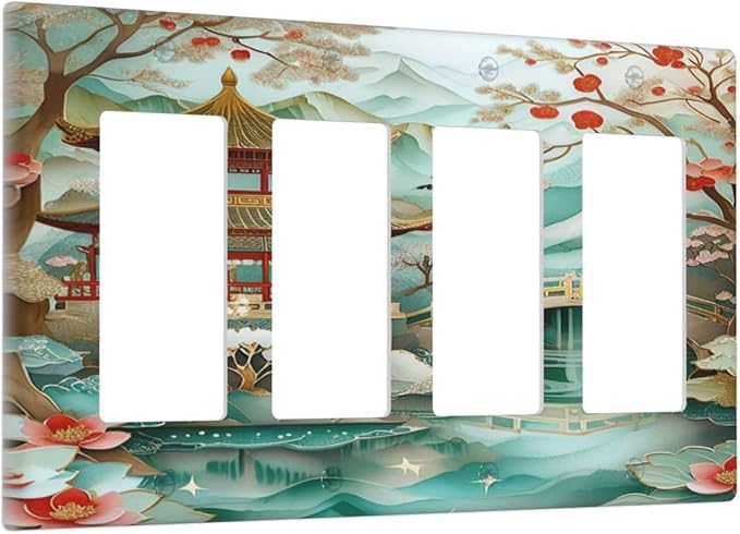 Asian Palace Traditional Bridge Cherry Blossoms Light Switch Cover 4 Gang Rocker Decora Outlet Covers Wall Plate Decorative Switchplate Electrical Faceplate GFCI for Farmhouse Decor