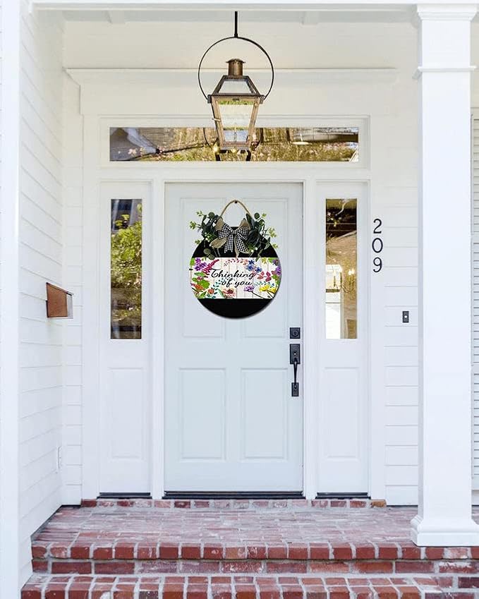 Garden Thinking Of You Front Door Sign Funny Wreaths Hanging Wooden Plaque Decoration Round Rustic Wood Farmhouse Porch Decor for Home Front Door Decor, 11 x 11 Inch