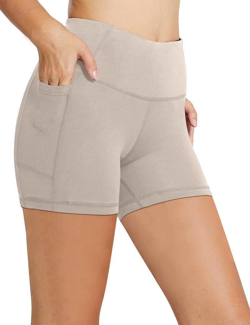 baleaf Workout Shorts Women 5" Biker Yoga Gym Spandex Running Volleyball Compression Short with Pockets Khaki XXL