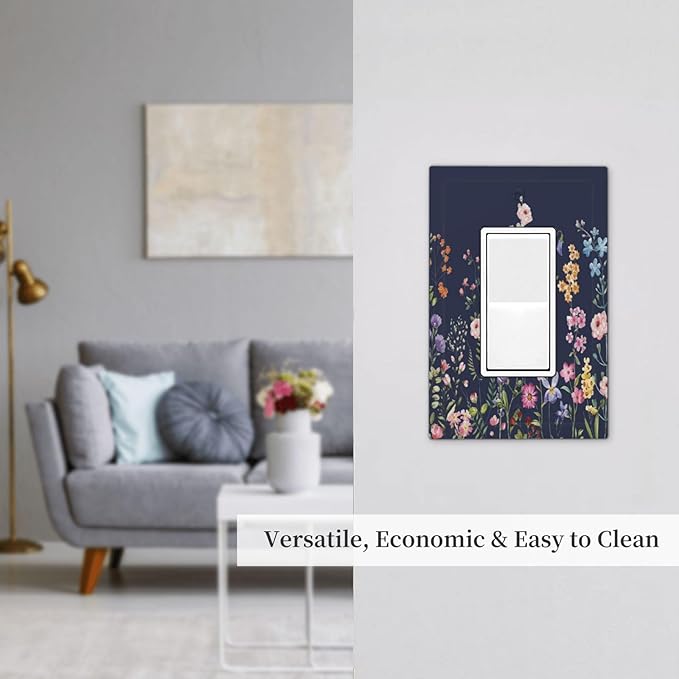 Rustic Wild Floral Darkground Vintage Watercolor Flower 1 Gang Rocker Light Switch Covers Decorative Single Decora Outlet Wall Plate Faceplate Switchplate GFCI for Bedroom Decor