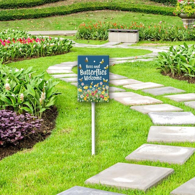 Uptell Bees Butterflies Welcome Here Yard Signs with Stakes Aluminum Sign for House/Front Door and Business Outdoor Decoration 8x12 Inch