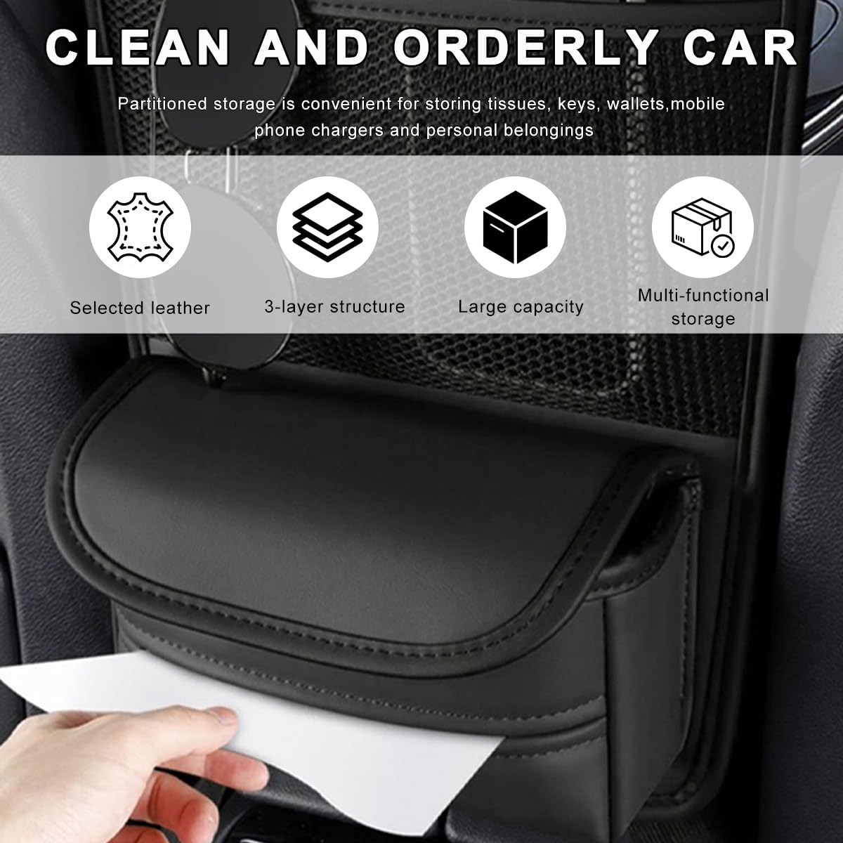 MTRPS Car Purse Holder Between Seats, Nappa Leather Front Seat Storage Bag with Tissue Holder, Large Capacity Automotive Console Organizer for Document Phone Wallet, Car Accessories (Black)
