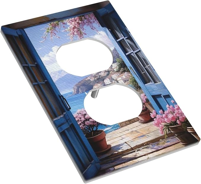 Decorative Art Light Switch Covers Seaside Window View 1 Gang Single Duplex Outlet Wall Plate Switchplate Electrical Faceplate for Home Decor
