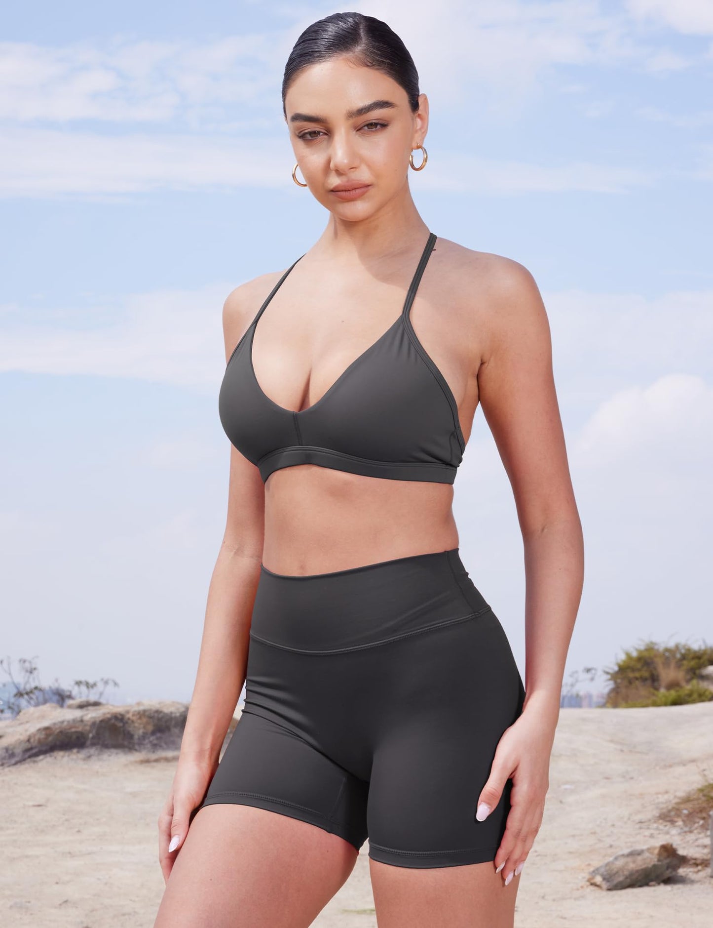 YEOREO Women's Biker Shorts 4.5" / 6" Workout Gym Shorts Craze High Waist Tummy Control Hidden Scrunch Running Yoga Dark Grey M