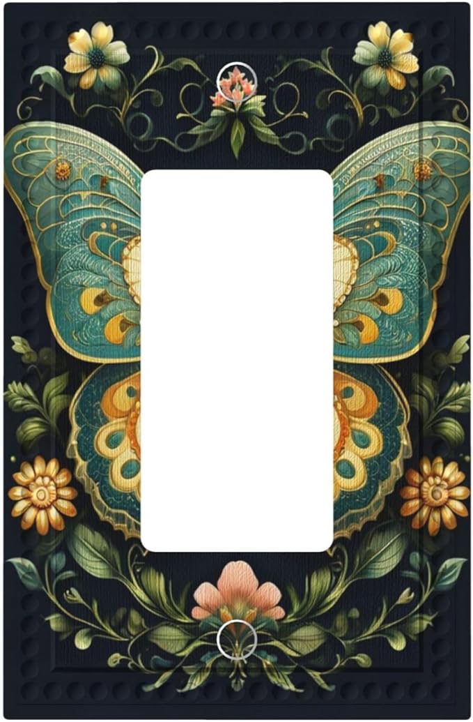 Butterfly Ornate with Flower Single Decora Outlet Wall Plate 1 Gang Rocker Decorative Switchplate Faceplate GFCI Light Switch Covers for Home Living Decor