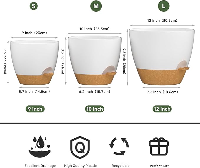 ZMTECH 9/10/12 Inch Plant Pots Sets, Selfwatering Planters with Drainage Holes Saucers for Indoor Outdoor Plants, Plastic Flower Pots for House Kitchen Window Garden(White, 3 Pack)