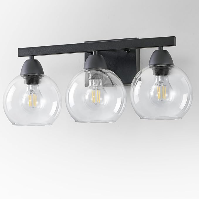 Bathroom Light Fixtures, 3-Light Matte Black Vanity Light with Hand-Blown Thick Glass Shades, Premium Clarity & Shatter-Resistant, Wall Sconces for Mirror, Kitchen, Bedroom