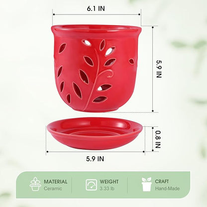 Orchid Pot with Holes & Saucer 6.1 in, Large Orchid Pot for Repotting Plant Flower, Planter with Drainage & Removable Tray for Indoor Outdoor Home Decor, Red