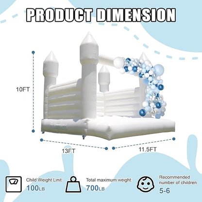 White Bounce House Castle with Air Blower 13FT, PVC Inflatable Bouncy Castle White Jumper Bouncy Castle Wedding Decorations Jumping Bed for Party Birthday(13FT x 11.5FT x 10FT)