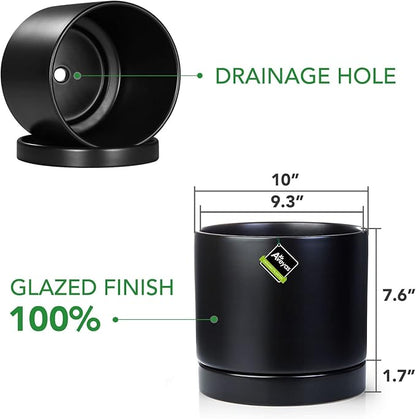 Aveyas 10 inch Ceramic Plant Pot with Drainage Hole and Saucer - Suitable for Indoor and Outdoor Use, Modern Planters for House Garden Flower Tree Snake Monstera Plants (10", Matte Black)