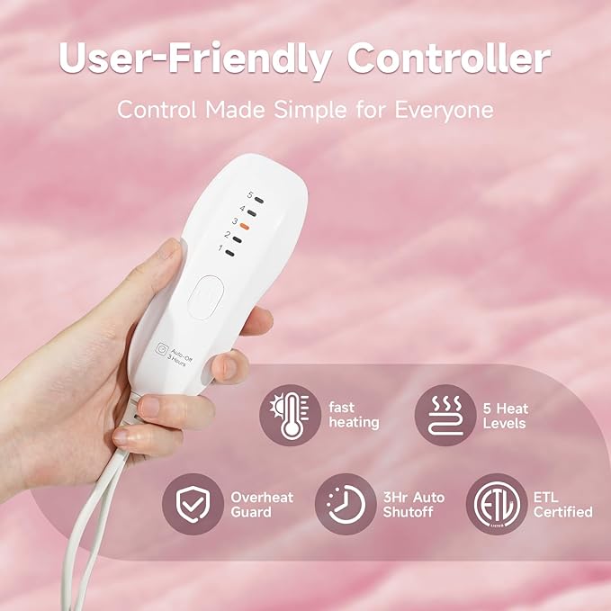 Heated Blanket Throw 50"x60", ETL & FCC Certified Electric Blanket with 3-Hour Timer Auto-Off & 5 Heating Levels, Overheat Protection, Machine Washable - Pale Pink