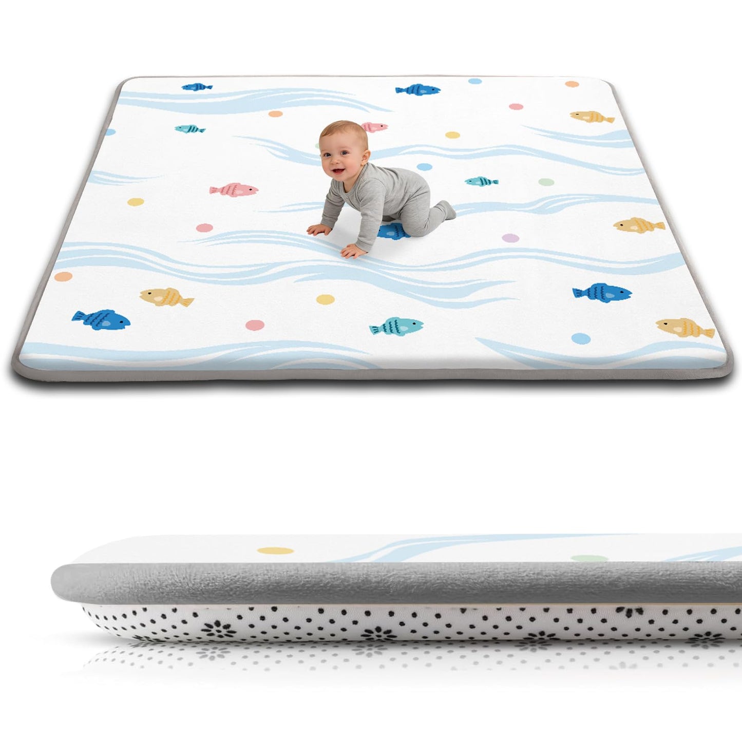 TreeBud Baby Play Mat for Floor, 1.3-Inch Thickened Foam Soft Padded Coral Velvet Playmat for Tummy Time, 59x71 Water-Repellent Playpen Mat for Toddlers Infant Kids, Cute Little Fish Print
