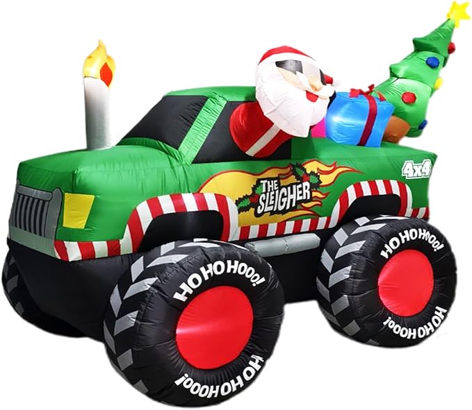 8FT Long Christmas Inflatables Monster Truck, Xmas Blow up Santa Driving Truck with Christmas Tree and Gifts Boxes Outdoor Decorations, X-mas Inflatable Yard Garden Lawn Party Holiday Decor