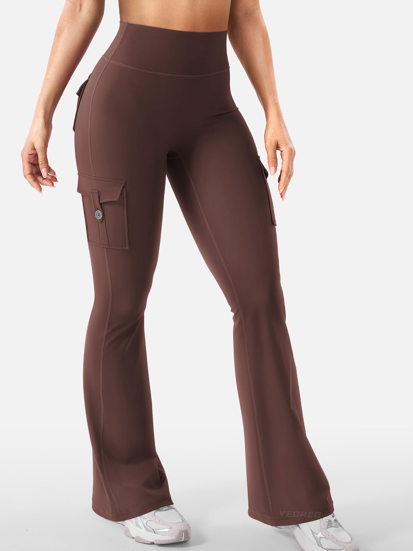YEOREO CoreFlex Women Workout Flare Leggings with Pockets Hidden Scrunch Cargo Gym Yoga No Front Seam Leggings Chocolate XS