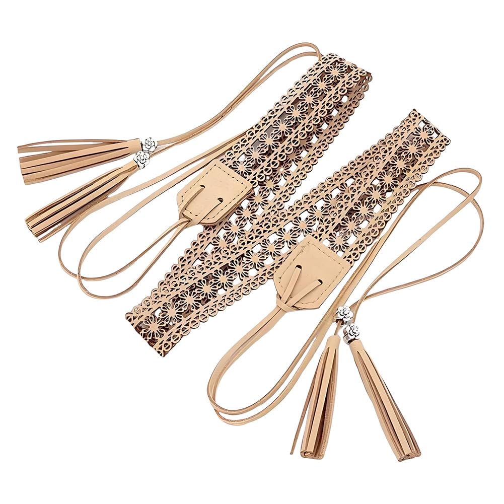 CALFOVERA Woven Knotted Waist Belt PU Leather Boho Tassel Waistband 66.54 x 1.12 Inch Vintage Bohemian Hollow Belt with Wax Rope Western Ethnic Macrame Waistband for Women Dress Skirt (Bisque)