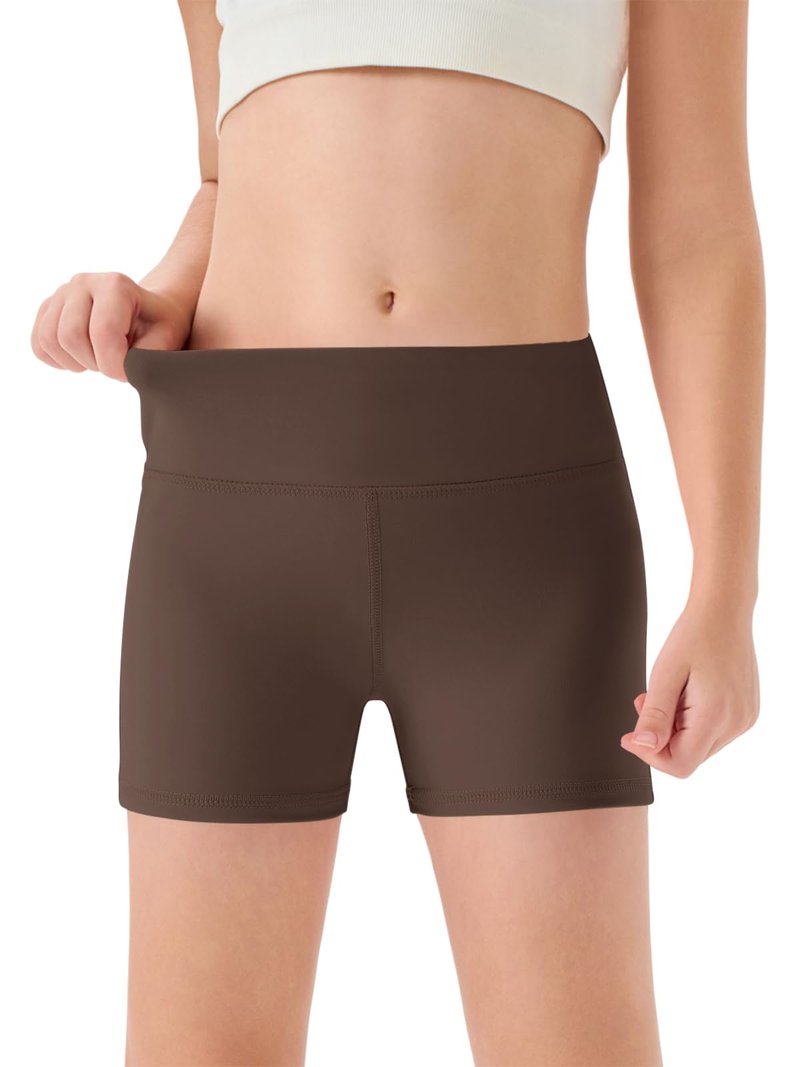 Haloumoning Girls Athletic Shorts Kids High Waisted Yoga Dance Biker Shorts Comfy Gymnastics Shorts 5-14Y Coffee