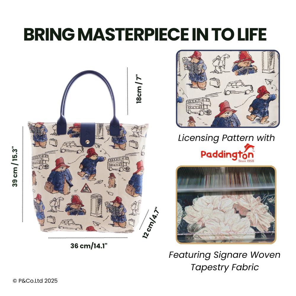 Signare Tapestry Foldable Tote Bag Reusable Shopping Bag Grocery Bag In Paddington Bear Design (FDAW-PADD)
