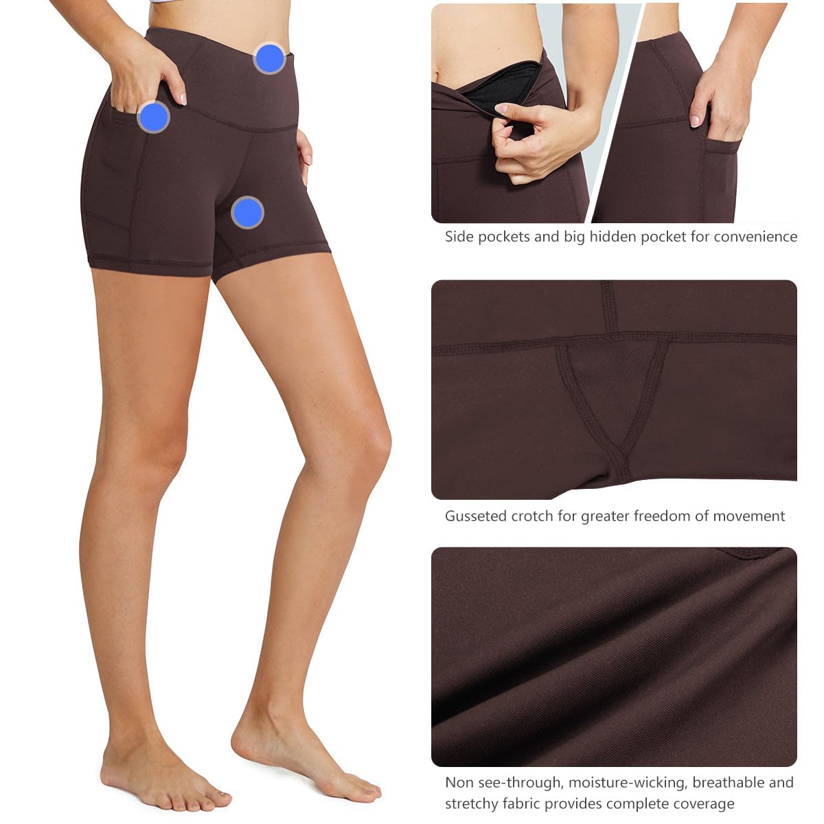 baleaf Biker Shorts Women Yoga Gym Workout Spandex Running Volleyball Tummy Control Compression with Pockets 5" Brown S