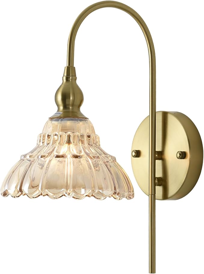 Vintage Wall Sconces with Amber Flower Glass Lampshade, Indoor Bath-Room Wall Sconce, Modern Gold Industrial Lighting Fixture for Mirror Living Room Hallway 1 Pack