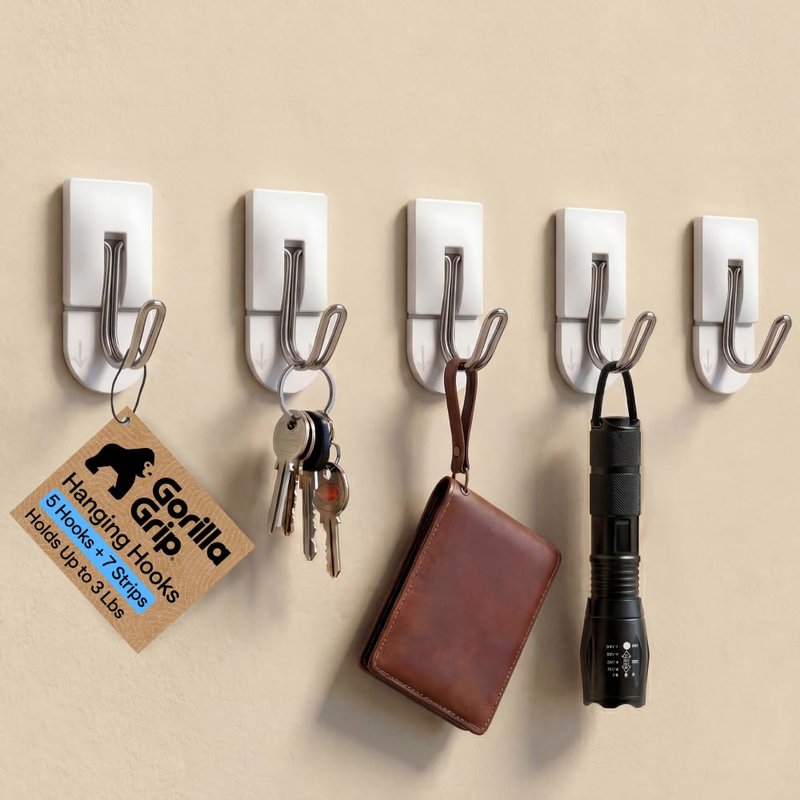 GORILLA GRIP Adhesive Hooks for Hanging, Heavy Duty Self Adhesive Wall Hooks, Damage-Free Removable Metal Hook, No Tools Required, Wall Hanger for Kitchen Bathroom Towel Coat Keys Purse, 5 Pack