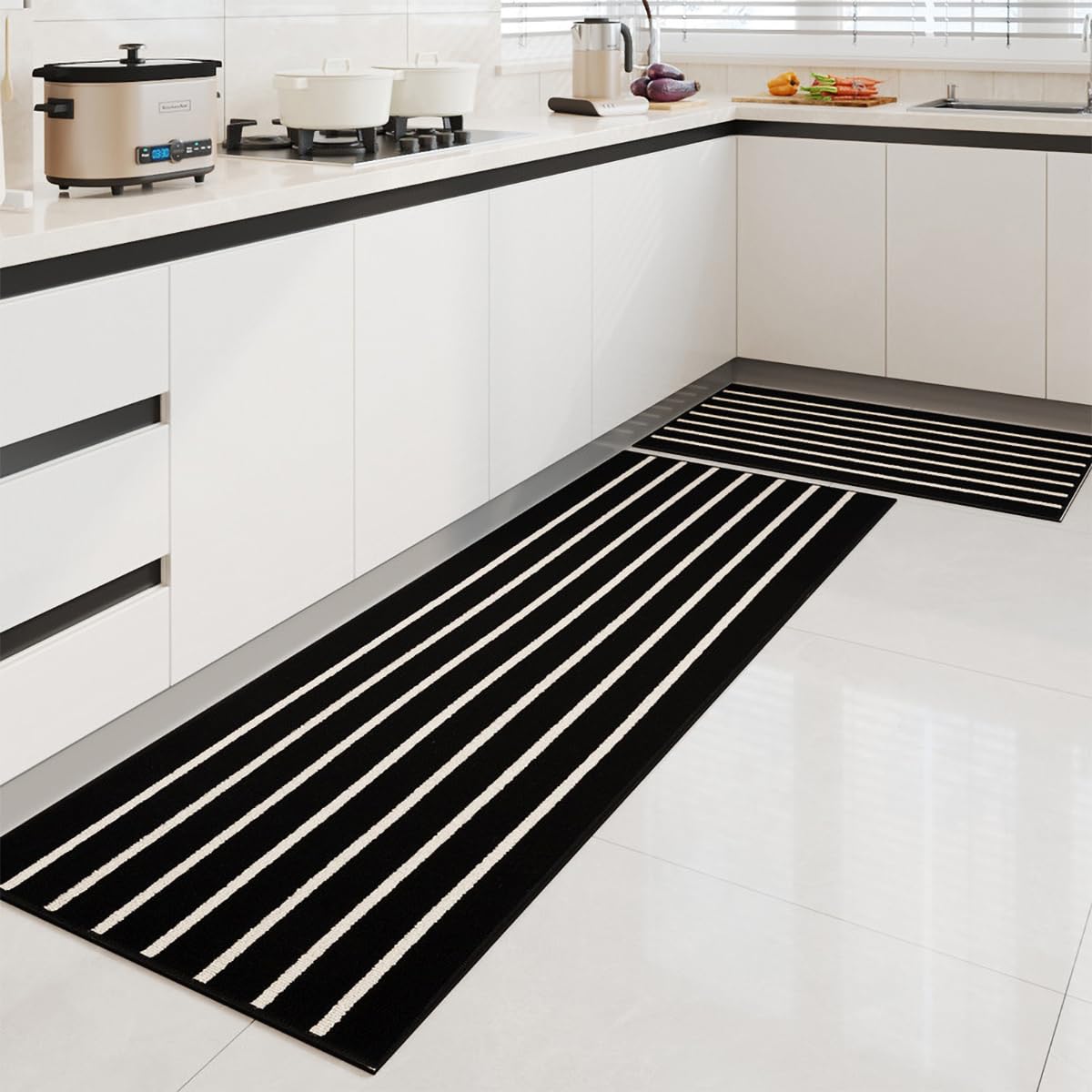 GIB Kitchen Mats Set of 2 PCS, Non-Slip Washable Rugs for Kitchen Floor, Absorbent Runner Rug Comfort Standing Mats for Kitchen Sink Office Decor, 20"x32"+20"x47", Black and White Striped