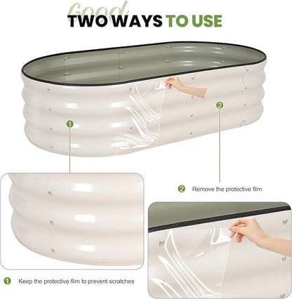 G GOOD GAIN Raised Garden Beds - 4x2x1ft Galvanized Planter Boxes Kit with Protective Tape & Gloves & Tools | Oval Metal Outdoor Raised Bed for Gardening Vegetables, Fruits, Flowers, Herbs, White
