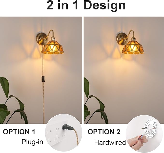 Vintage Wall Sconce, Wall Lamps with Coffee Stone Triangle Checker Sconce, Stained Glass Shade Gold Wall Lights Fixture with Plug in Cord and Switch for Bedroom Bathroom Living Room Hallway