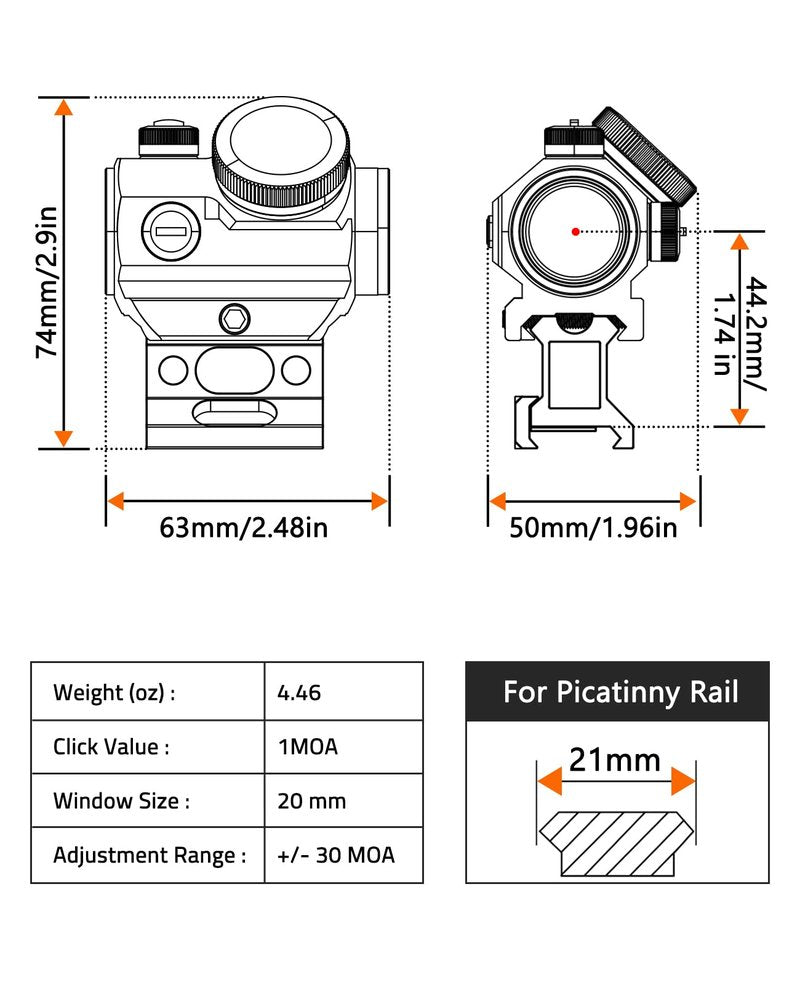 MidTen Rechargeable Red Dot Sight, 1x20mm 2 MOA Red Dot, Waterproof & Shockproof & Fog-Proof Chargeable Red Dot Scope with Lower 1/3 Co-Witness Riser