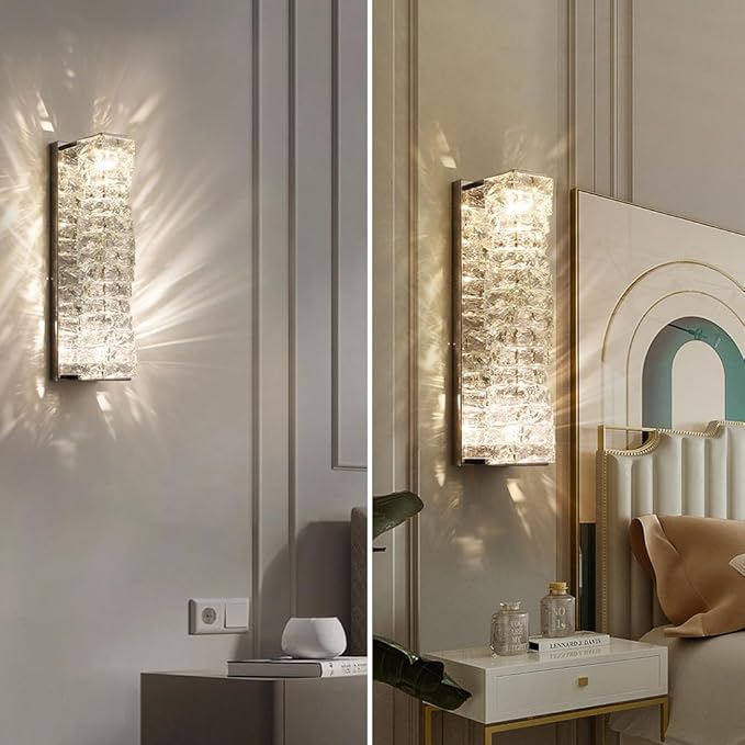 Modern Silver Crystal Wall Sconce, Adjustable Color Temperature LED Glass Wall Light, Luxurious Indoor Wall Mount Light Fixture for Bedroom Living Room Corridor Entrance Lighting