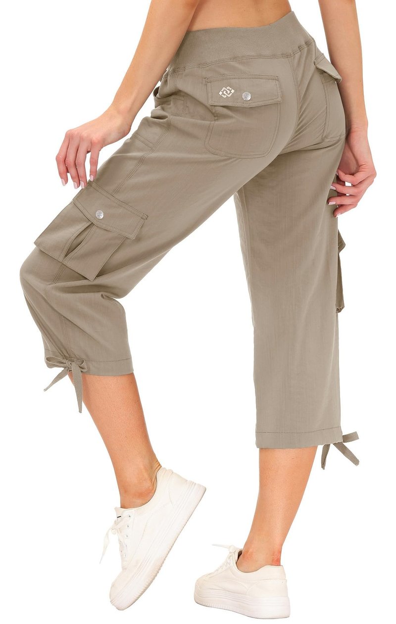 MoFiz Womens Capris with Pockets Loose Fit Casual Capri Pants Dressy Lightweight Ladies Baggy Cargo Pants for Hiking Khaki 4XL
