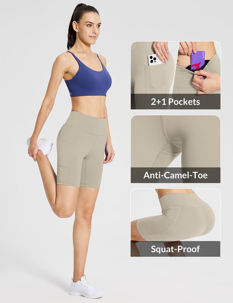 baleaf Biker Shorts Women Yoga Gym Workout Spandex Running Volleyball Tummy Control Compression with Pockets 8" Khaki XS