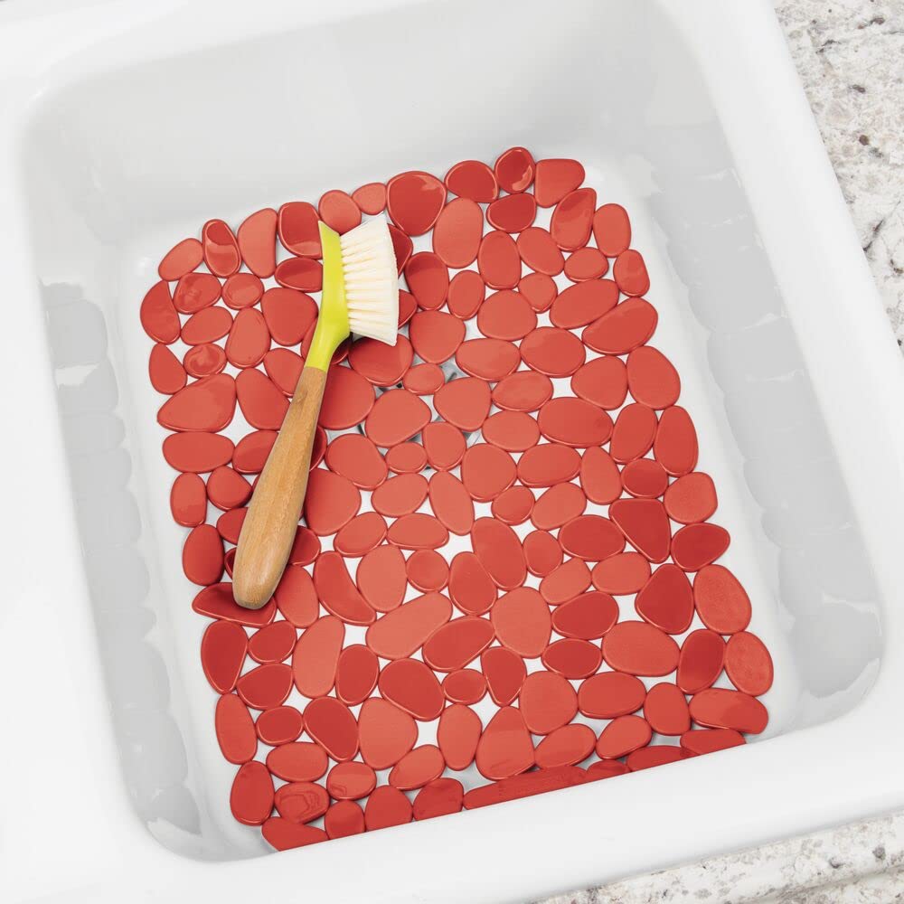 mDesign Adjustable Dish Drying Mat/Grid - Soft Plastic Sink Protector, Cushions Sinks & Dishes - Quick Draining Pebble Design - Set of 3 - Red