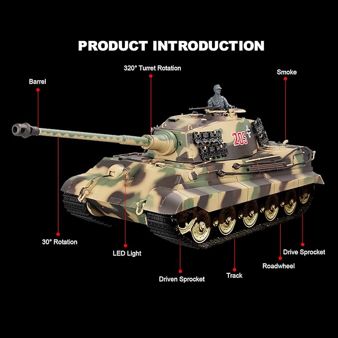 Heng Long RC Tank for Adults 1:16 2.4ghz German Tiger King Henschel Remote Control Tank Model (320-Degree Rotating Turret) RC Tanks That Shoots Military Vehicles Gifts for Age 14+