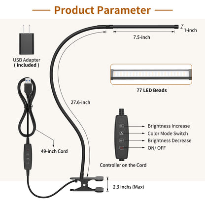 iZELL LED Desk Lamp for Home Office with Clamp [77 LEDs Light 3 Color Modes & 10 Brightness Levels] Flexible Gooseneck Book Lights, Easy Clip on Reading Headboard