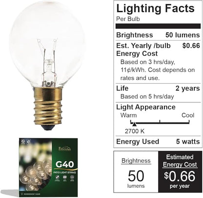 G40 26ft Indoor/Outdoor Clear Incandescent Christmas String/Patio Light with 25 Bulbs and E12 Base | 120V, 5W