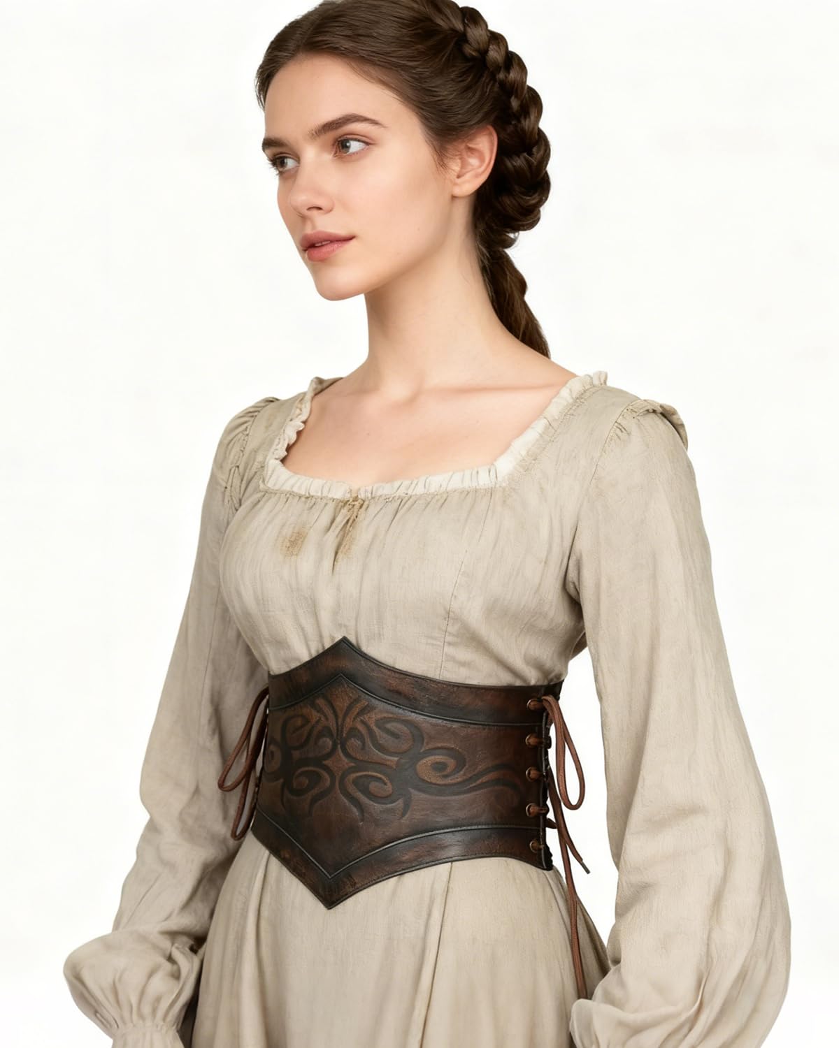 L'VOW Women Renaissance Brown Leather Corset Belt Medieval Viking Cinch Belt LARP Halloween(XXL)