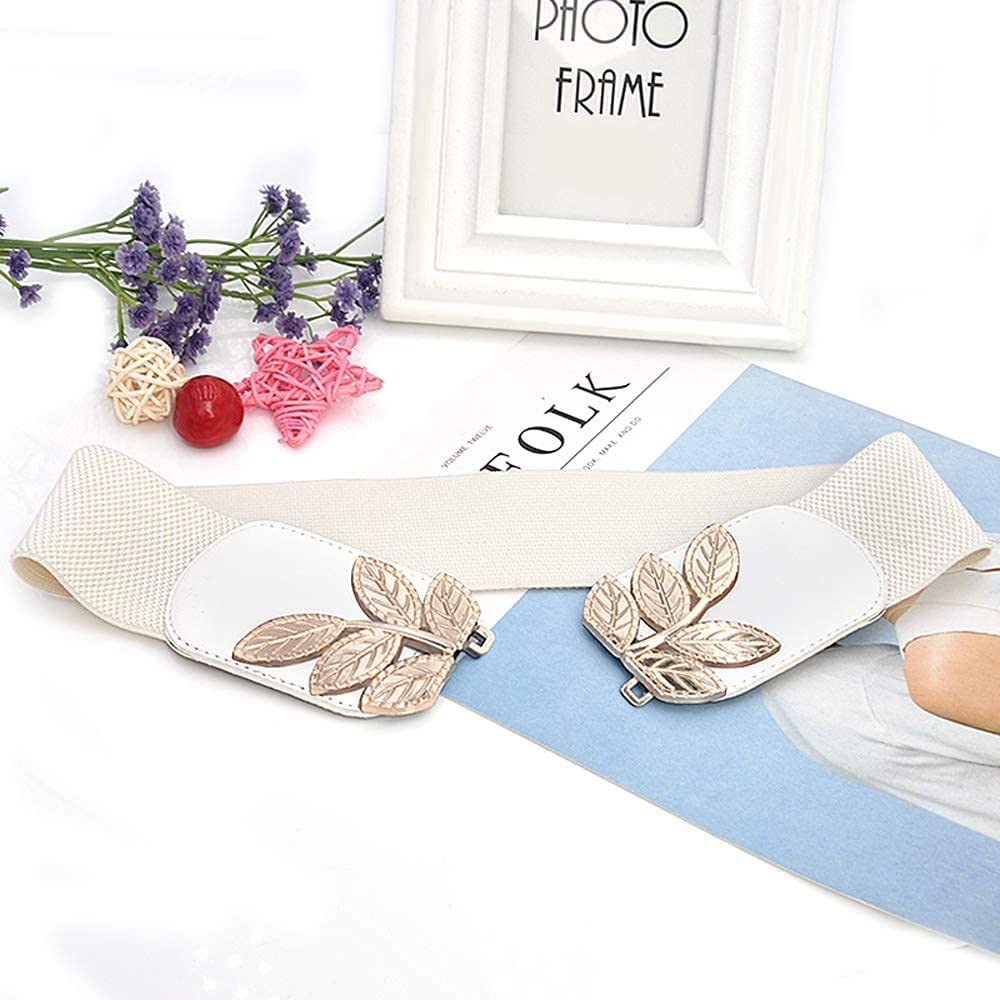 Women's Stretchy Belt for Dress Vintage Wide Gold/silver Leaf Buckle Waist Belts for women Elastic Waistband