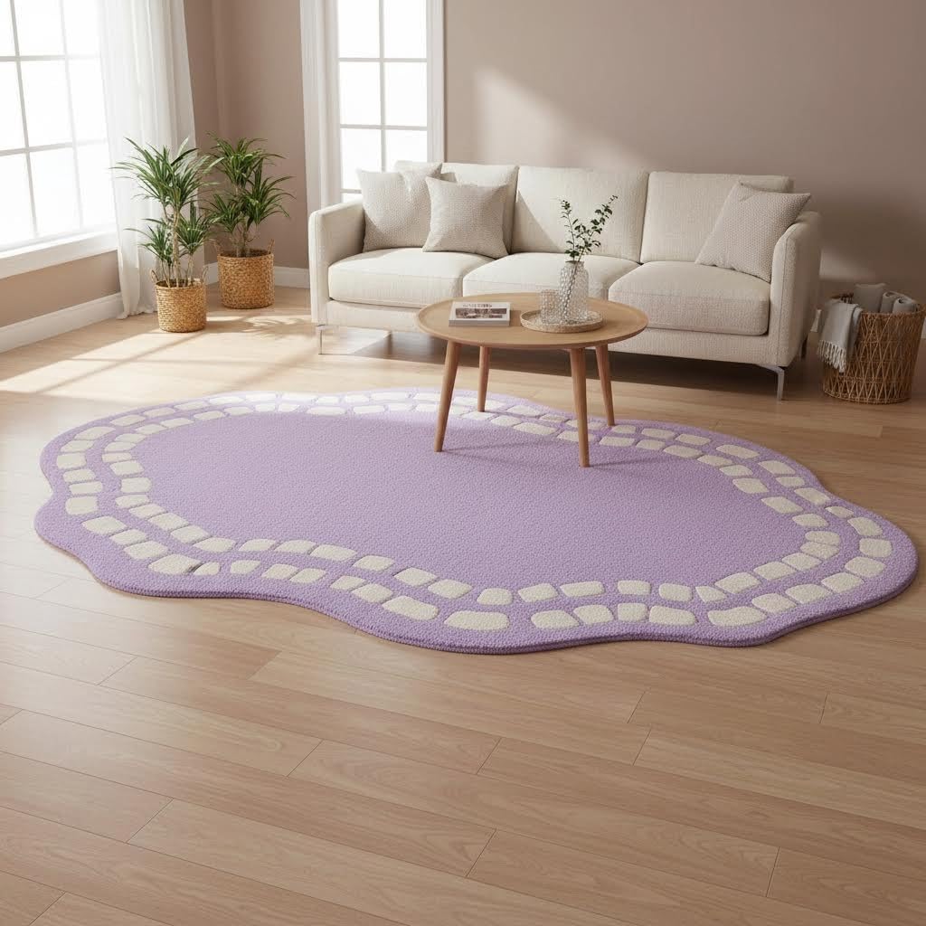 Irregular Shaped Rug 3x5 Minimalist Washable Non-Slip Area Rugs for Living Room Dining Room Bedroom Ultra Soft Faux Wool Nursery Playroom Carpet Lavender Purple Irregular Wavy Edge Throw Mat