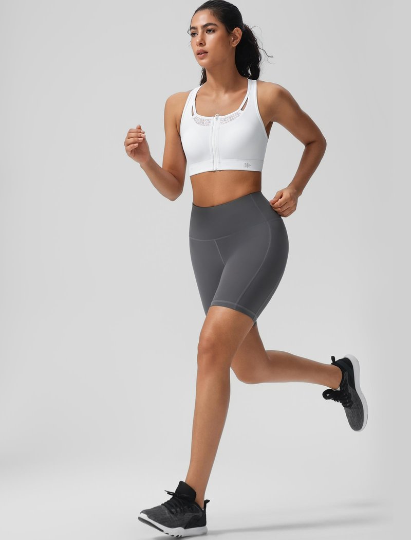 Yvette Zip Front High Impact Sports Bras for Women Lace Mesh Supportive Bras for Workout, White, M