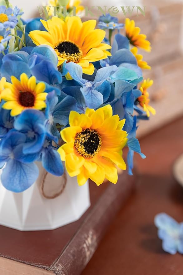 WELL KNOWN Small Fake Flowers in Plastic Vase 7" Centerpieces Coffee Table Decor, Silk Sunflower Arrangement for Home Decor Artificial Flower Bouquet for Dining Room Kitchen Wedding Summer Yellow Blue