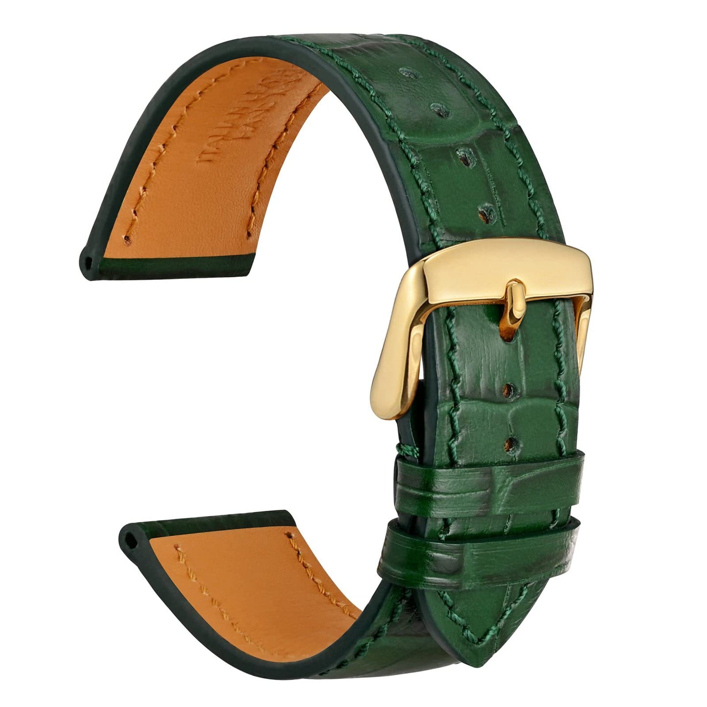 WOCCI 18mm Watch Band, Italian Leather, Embossed Alligator Grain, Gold Buckle (Dark Green)