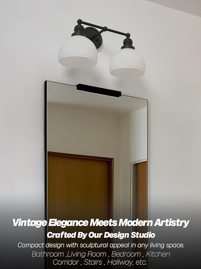 2-Light Wall Sconces,Black Double Bathroom Vanity Light with Milk Glass Minimalist Farmhouse Wall Sconce Light Lamp for Bathroom Mirror Living Room Bedroom Kitchen E26 Hardwire Indoor