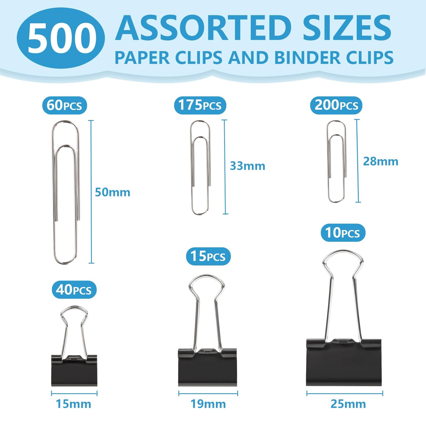 500PCS Paper Clips and Binder Clips Assorted Sizes,3 Sizes in One Pack, Large, Medium, Small,Silver PaperClips & Black Binder Clips for Home, School, Office Supplies