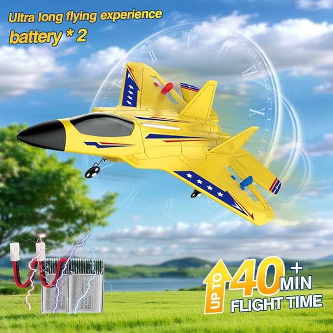 Fremego F22 RC Airplane 2.4GHz Remote Control Plane with Gyro Stabilizer LED Lights &amp Dual Batteries Easy Fly RC Glider for Kids Boys Adults Beginners(Yellow)