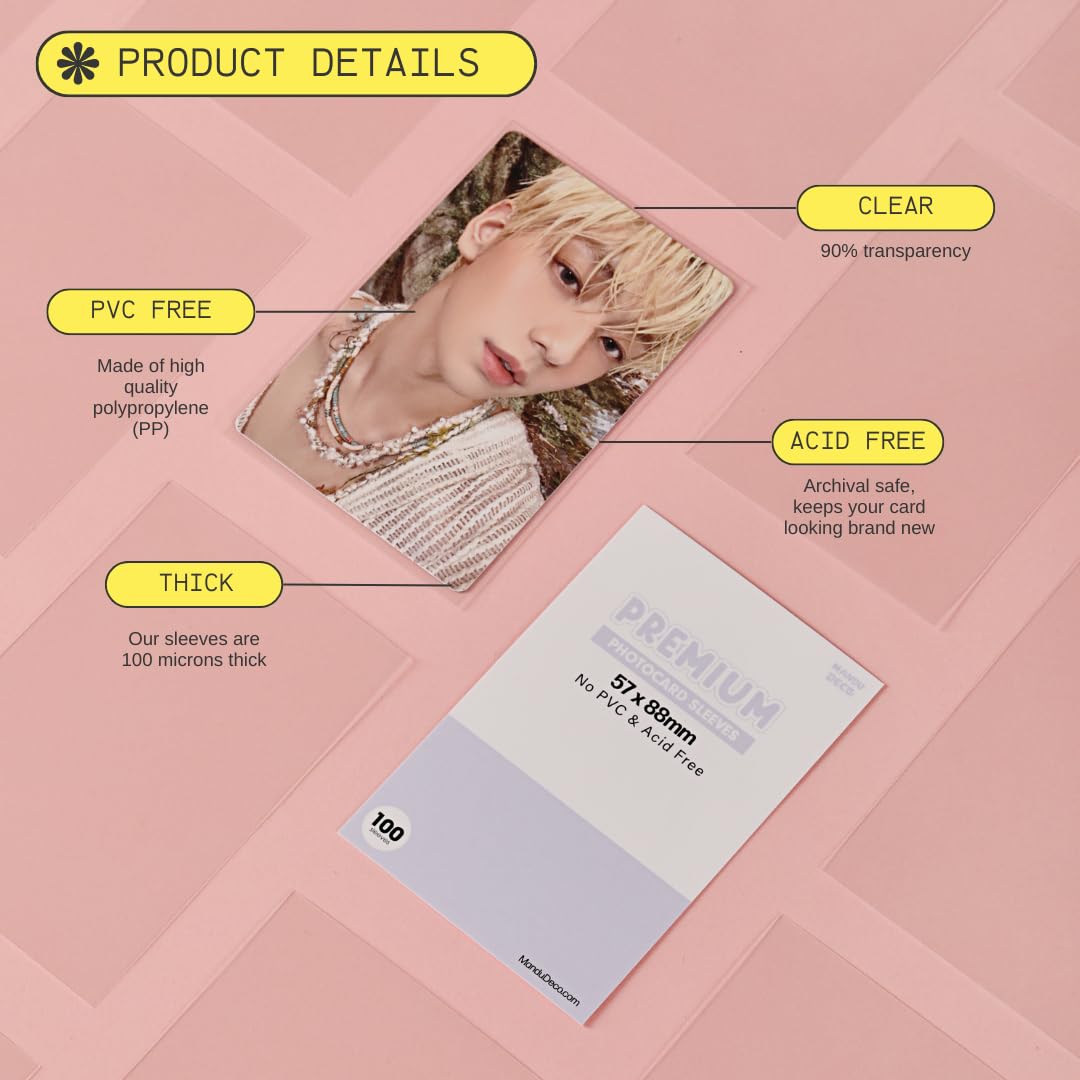 Mandu Deco Kpop Photocard Sleeves Clear Polypropylene Card Protector for Albums Photocards, PVC Free and Acid Free, 100 Sleeves per Pack (57x88mm)