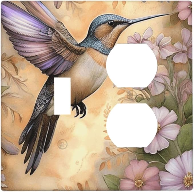 Decorative Art Light Switch Covers Blossom & Hummingbird 2 Gang Single Toggle Duplex Combination Electrical Faceplate Switchplate Wall Plate for Home Decor