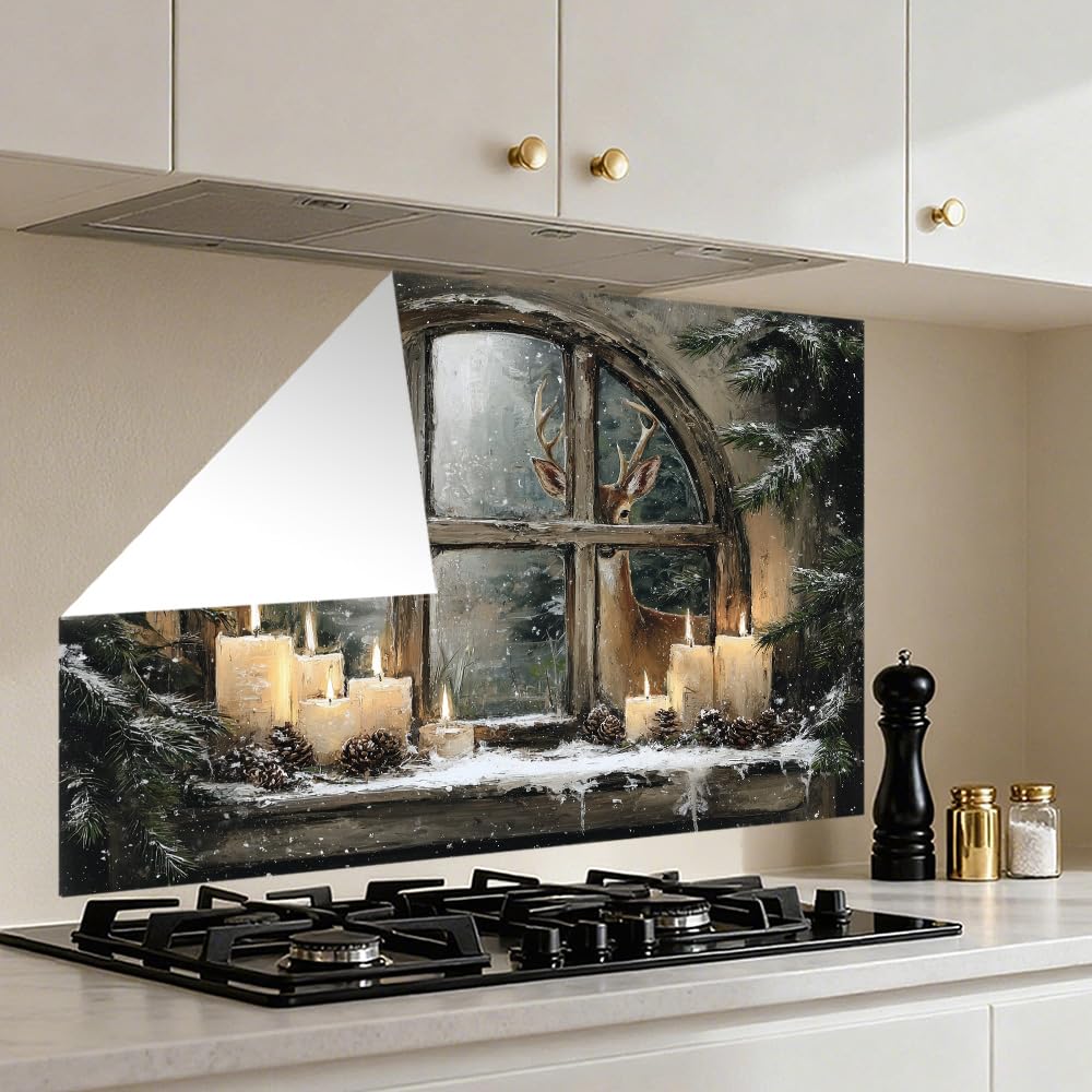 WDESYADMS 35.5x23.6 Inch Winter Window Scene Wall Decals PVC Candle Pine Cones Deer Artwork Peel and Stick Decorative Film for Home Cooking Area Backsplash Stovetop Space Holiday Seasonal Style