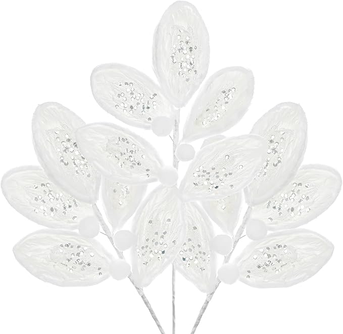 Briful 3PCS White Fur Christmas Picks and Sprays - 21.2" Plush Christmas Leaves Stems with Glitter Sequins for Xmas Tree Wreath Garland Holiday Floral Decor